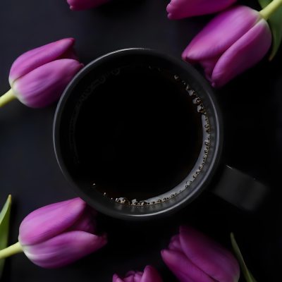 A Black Cup Of Black Coffee Surrounded By Purple Tulips On A Black Background 2 0c15