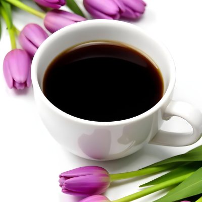 A Black Cup Of Black Coffee Surrounded By Purple Tulips On A Black Background 20 4a17