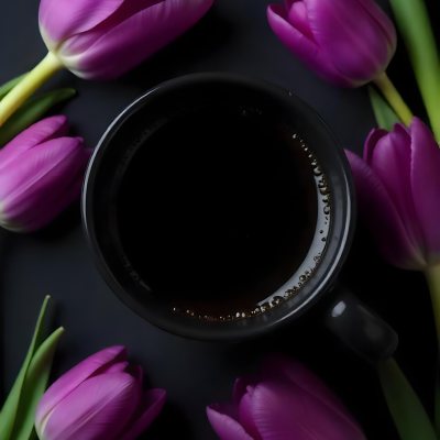 A Black Cup Of Black Coffee Surrounded By Purple Tulips On A Black Background 21 E32d