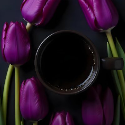 A Black Cup Of Black Coffee Surrounded By Purple Tulips On A Black Background 24 Dfd2