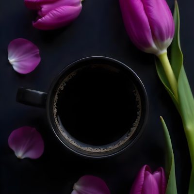 A Black Cup Of Black Coffee Surrounded By Purple Tulips On A Black Background 26 F4f3