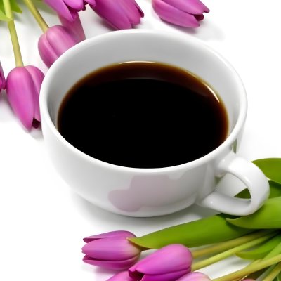 A Black Cup Of Black Coffee Surrounded By Purple Tulips On A Black Background 29 32b4