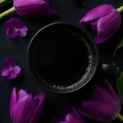 A Black Cup Of Black Coffee Surrounded By Purple Tulips On A Black Background 3 Bb66