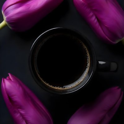 A Black Cup Of Black Coffee Surrounded By Purple Tulips On A Black Background 30 8426