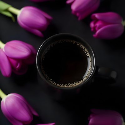A Black Cup Of Black Coffee Surrounded By Purple Tulips On A Black Background 34 Ab4d