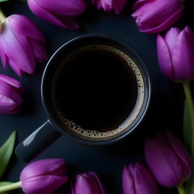 A Black Cup Of Black Coffee Surrounded By Purple Tulips On A Black Background 35 9fb1
