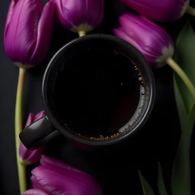 A Black Cup Of Black Coffee Surrounded By Purple Tulips On A Black Background 36 D556