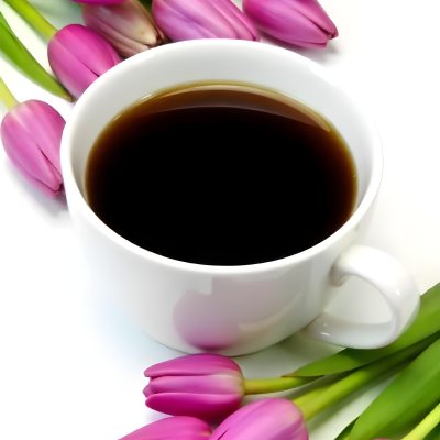 A Black Cup Of Black Coffee Surrounded By Purple Tulips On A Black Background 38 7d39
