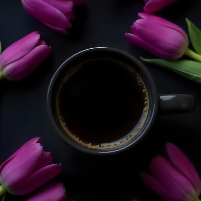 A Black Cup Of Black Coffee Surrounded By Purple Tulips On A Black Background 39 564a