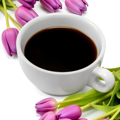 A Black Cup Of Black Coffee Surrounded By Purple Tulips On A Black Background 4 7e06
