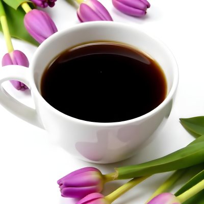 A Black Cup Of Black Coffee Surrounded By Purple Tulips On A Black Background 42 C0ce