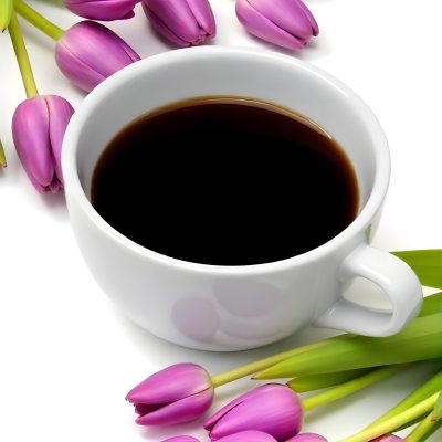 A Black Cup Of Black Coffee Surrounded By Purple Tulips On A Black Background 43 D818