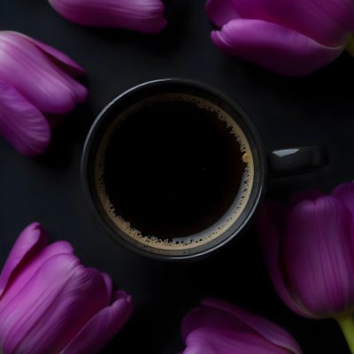 A Black Cup Of Black Coffee Surrounded By Purple Tulips On A Black Background 44 6108