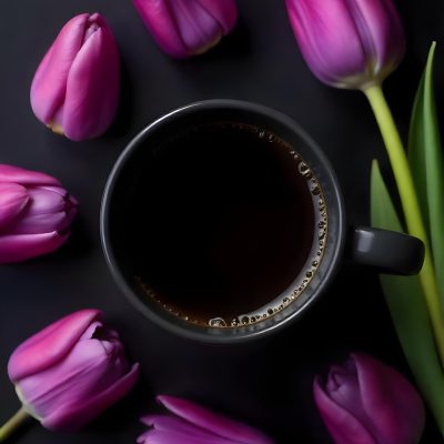 A Black Cup Of Black Coffee Surrounded By Purple Tulips On A Black Background 49 E733