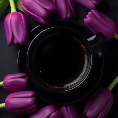 A Black Cup Of Black Coffee Surrounded By Purple Tulips On A Black Background 51 36c3