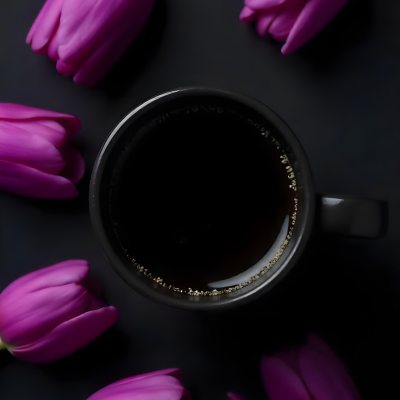 A Black Cup Of Black Coffee Surrounded By Purple Tulips On A Black Background 54 8f15