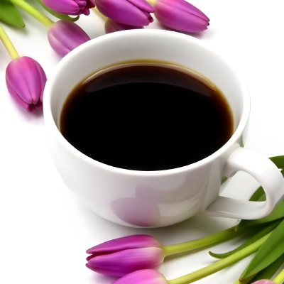 A Black Cup Of Black Coffee Surrounded By Purple Tulips On A Black Background 8 7db6