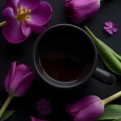 A Black Cup Of Black Coffee Surrounded By Purple Tulips On A Black Background 9 Fce6
