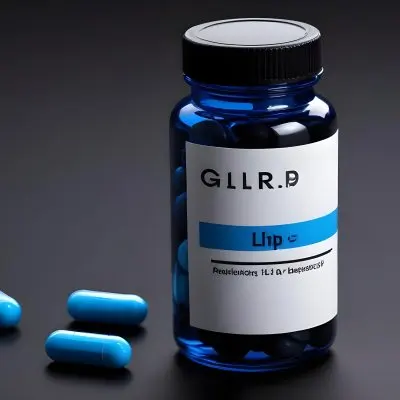 Glp 1 Medicine Bottle With Blue Pills On A Black Surface Blue Cap And A Label With Black Letters In A Laboratory 17 95e3