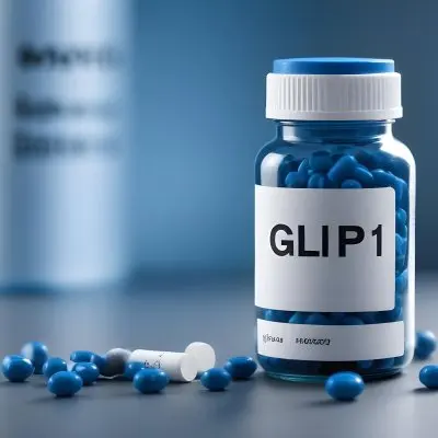 Glp 1 Medicine Bottle With Blue Pills On A Black Surface Blue Cap And A Label With Black Letters In A Laboratory 19 6b0e