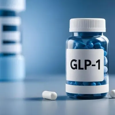 Glp 1 Medicine Bottle With Blue Pills On A Black Surface Blue Cap And A Label With Black Letters In A Laboratory 20 7baf