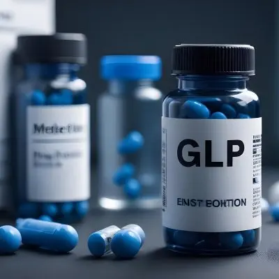 Glp 1 Medicine Bottle With Blue Pills On A Black Surface Blue Cap And A Label With Black Letters In A Laboratory 22 Eb3c