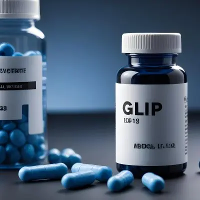 Glp 1 Medicine Bottle With Blue Pills On A Black Surface Blue Cap And A Label With Black Letters In A Laboratory 26 Bcff