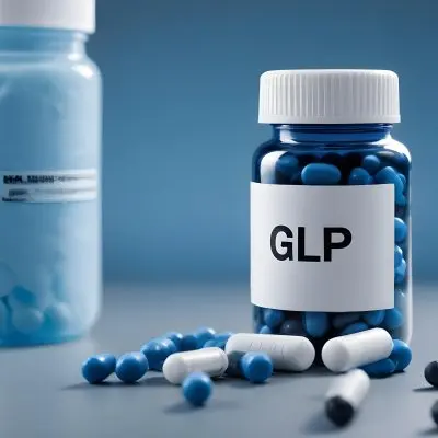 Glp 1 Medicine Bottle With Blue Pills On A Black Surface Blue Cap And A Label With Black Letters In A Laboratory 27 164a