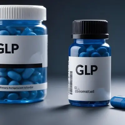 Glp 1 Medicine Bottle With Blue Pills On A Black Surface Blue Cap And A Label With Black Letters In A Laboratory 3 Fbff