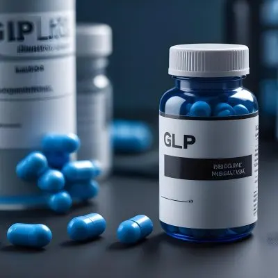 Glp 1 Medicine Bottle With Blue Pills On A Black Surface Blue Cap And A Label With Black Letters In A Laboratory 32 82a9