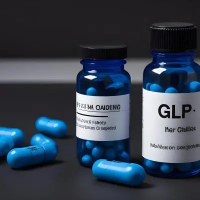 Glp 1 Medicine Bottle With Blue Pills On A Black Surface Blue Cap And A Label With Black Letters In A Laboratory 7 4c85
