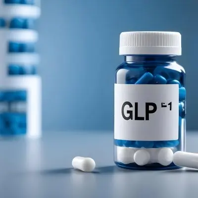 Glp 1 Medicine Bottle With Blue Pills On A Black Surface Blue Cap And A Label With Black Letters In A Laboratory 8 6c1d