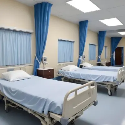 Hospital Room With Three Empty Beds Blue Sheets White Curtains Air Conditioner Blue Walls And A Shiny Floor 2 0c64
