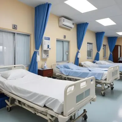Hospital Room With Three Empty Beds Blue Sheets White Curtains Air Conditioner Blue Walls And A Shiny Floor 3 Ba32