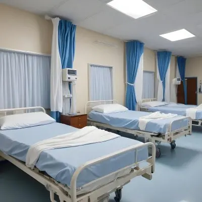 Hospital Room With Three Empty Beds Blue Sheets White Curtains Air Conditioner Blue Walls And A Shiny Floor 4 Adcf