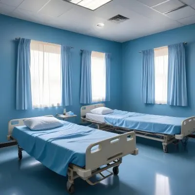 Hospital Room With Three Empty Beds Blue Sheets White Curtains Air Conditioner Blue Walls And A Shiny Floor 5 304b