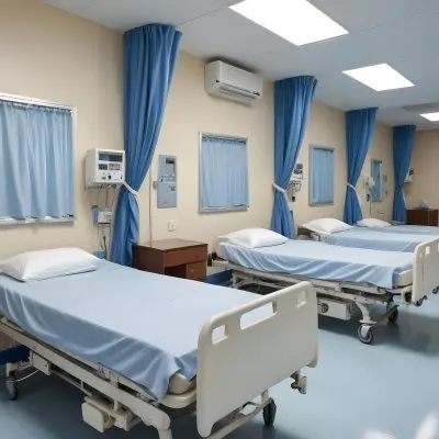 Hospital Room With Three Empty Beds Blue Sheets White Curtains Air Conditioner Blue Walls And A Shiny Floor 6 F2fe
