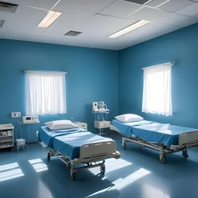 Hospital Room With Three Empty Beds Blue Sheets White Curtains Air Conditioner Blue Walls And A Shiny Floor 7 5cb2