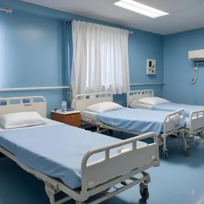Hospital Room With Three Empty Beds Blue Sheets White Curtains Air Conditioner Blue Walls And A Shiny Floor 8 1329