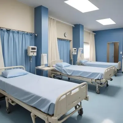 Hospital Room With Three Empty Beds Blue Sheets White Curtains Air Conditioner Blue Walls And A Shiny Floor 9 Ed36