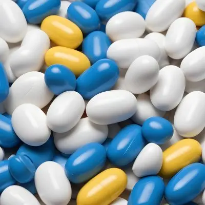 Pile Of Blue White And Yellow Pills And Capsules Pharmaceutical Drugs Medicine Health And Wellness Concept 1 5474