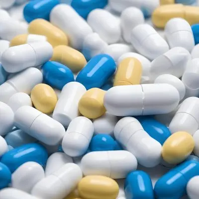 Pile Of Blue White And Yellow Pills And Capsules Pharmaceutical Drugs Medicine Health And Wellness Concept 4 05ba