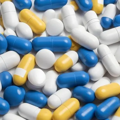 Pile Of Blue White And Yellow Pills And Capsules Pharmaceutical Drugs Medicine Health And Wellness Concept 5 5cbc