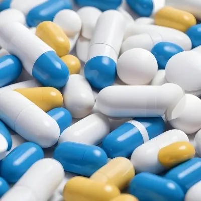 Pile Of Blue White And Yellow Pills And Capsules Pharmaceutical Drugs Medicine Health And Wellness Concept 6 32de