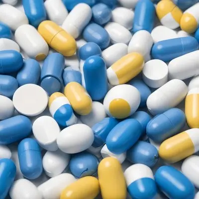 Pile Of Blue White And Yellow Pills And Capsules Pharmaceutical Drugs Medicine Health And Wellness Concept 7 8f8b