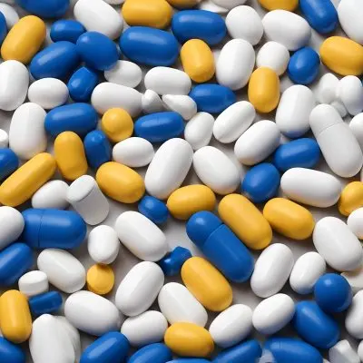 Pile Of Blue White And Yellow Pills And Capsules Pharmaceutical Drugs Medicine Health And Wellness Concept 8 4889