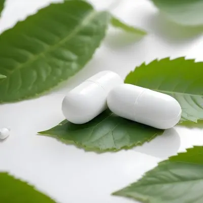 Two White Pills On A White Leaf Surrounded By More Green Leaves On A White Surface In A Natural Environment 1 F424