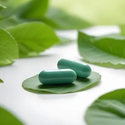 Two White Pills On A White Leaf Surrounded By More Green Leaves On A White Surface In A Natural Environment 16 1087