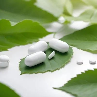 Two White Pills On A White Leaf Surrounded By More Green Leaves On A White Surface In A Natural Environment 17 Cd7d