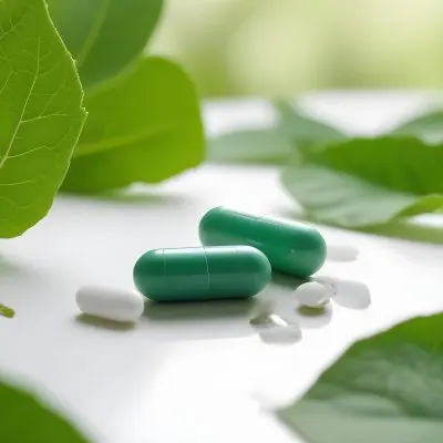 Two White Pills On A White Leaf Surrounded By More Green Leaves On A White Surface In A Natural Environment 19 1a75